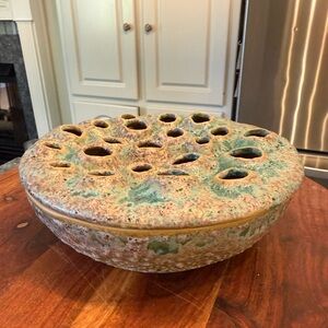 Vintage ceramic lotus pod flower frog bowl Table Vase Brutalist Turquoise, Beige